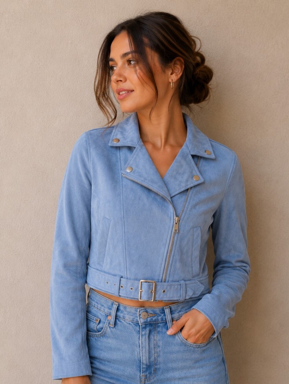 Missguided Light Blue Cropped Biker Jacket with Belt